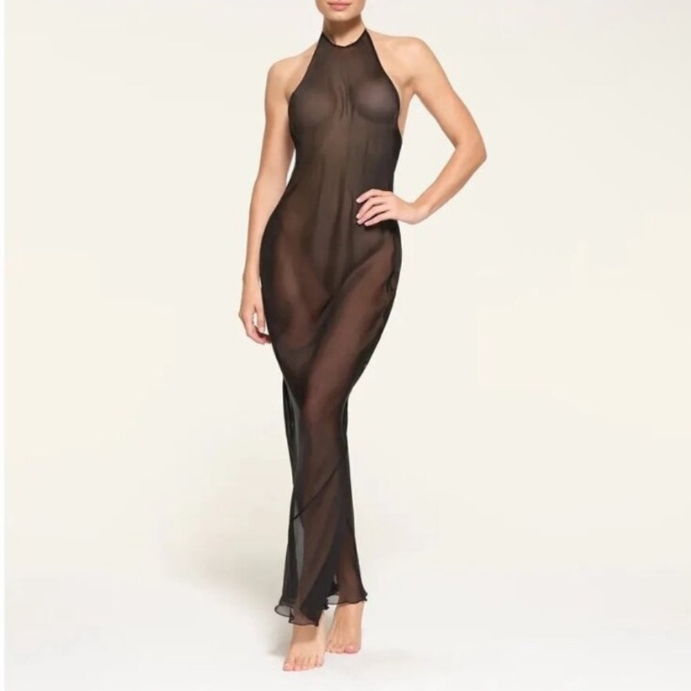 SKIMS Romance Chiffon Halter Silk Slip Dress Onyx XS NEW NWT - Picture 2 of 5